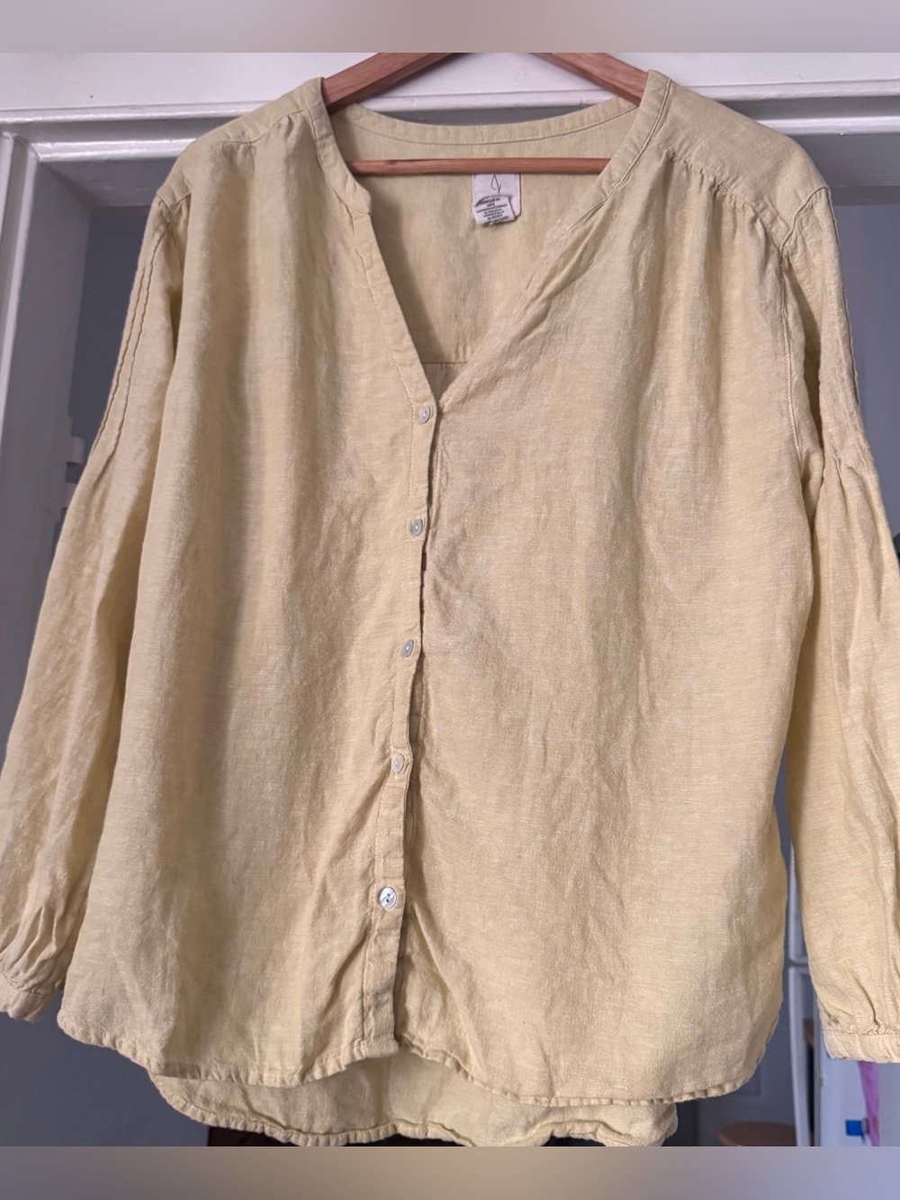 Joie|Light Yellow Button-Front Women’s Linen Blend Blouse•LARGE,Lagenlook staple